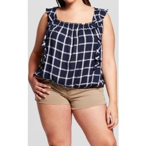 Navy Blue Plaid Ruffle Crop Blouse